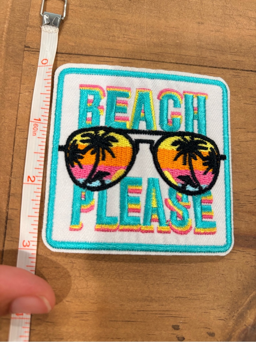Beach Please Sunglasses iron on Patch - White with Turquoise, Pink, Yellow